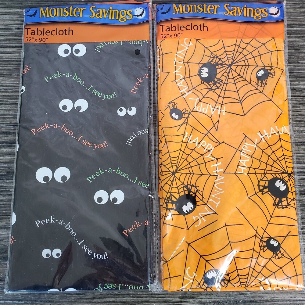 Halloween‎ Tablecloth Lot Of 2 - 52"x90" Rectangular, Plastic - Spiders, Eyes